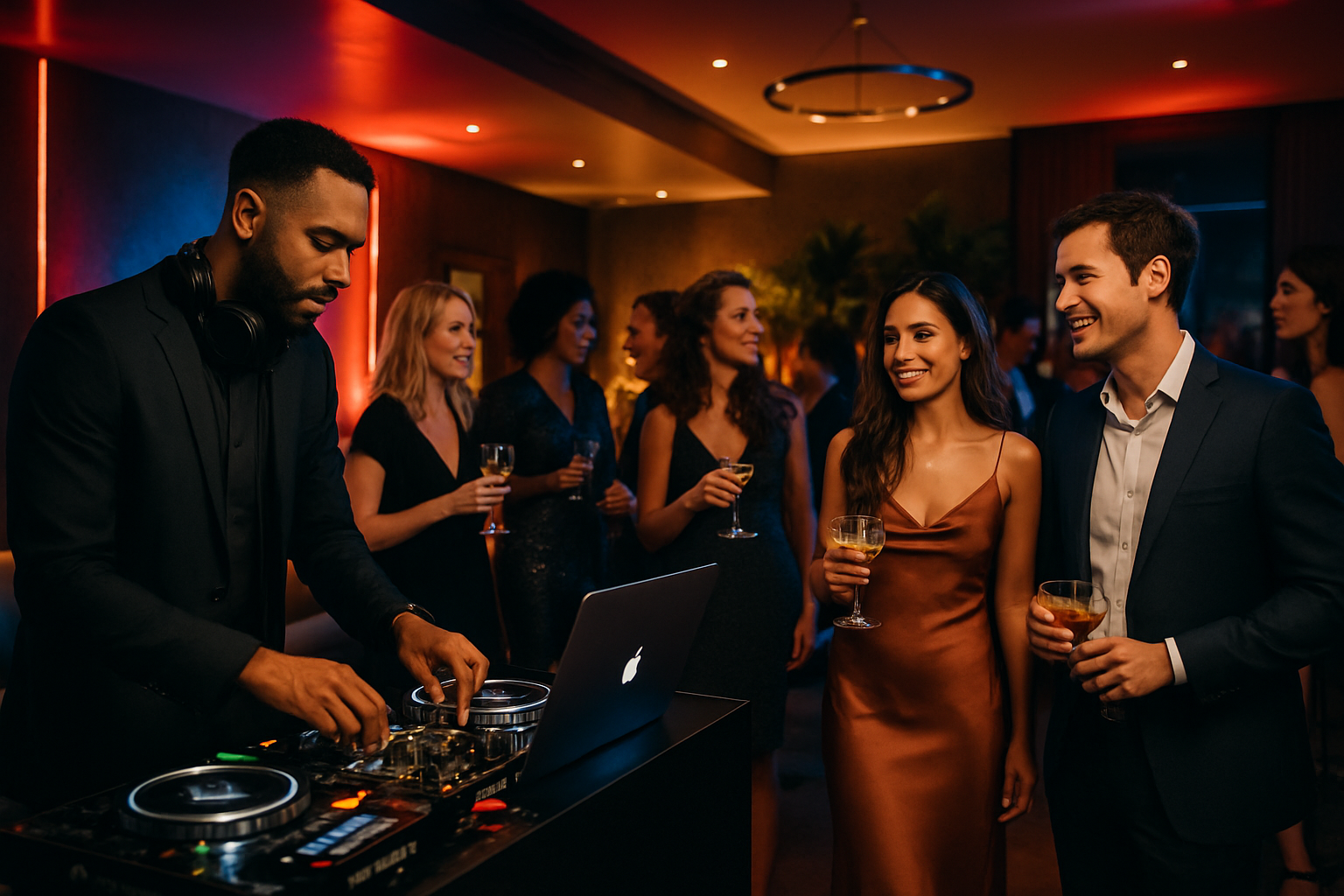 Upscale private party with a DJ booth, colorful lighting, and guests mingling