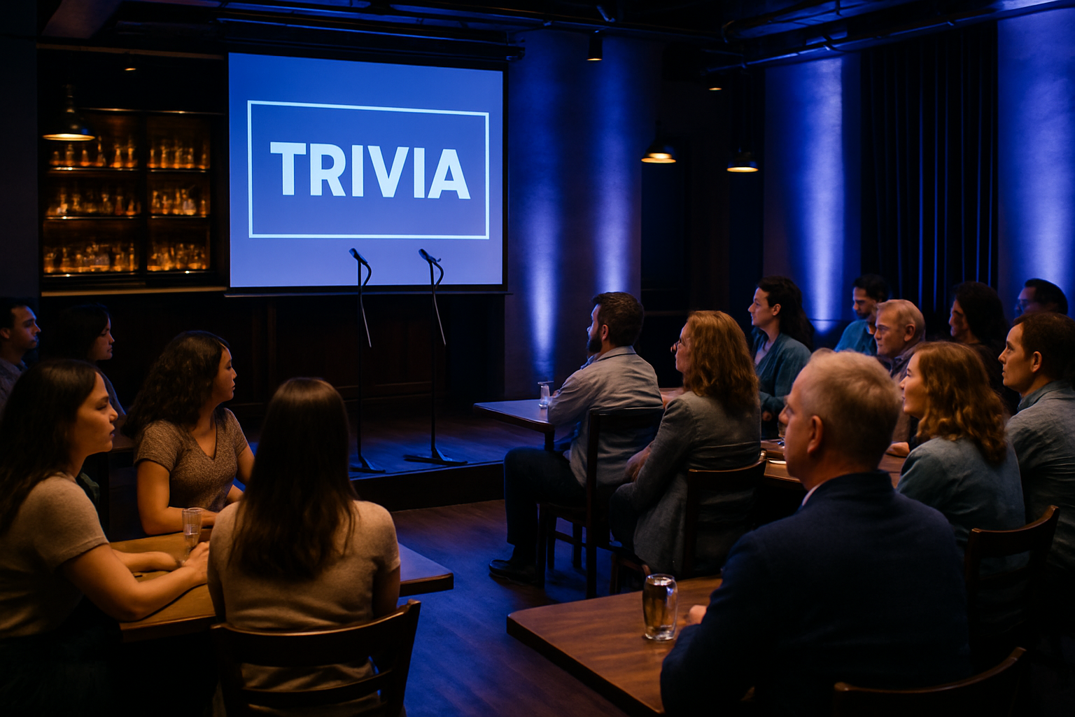 Professional trivia night setup with microphones, screen, and attentive crowd