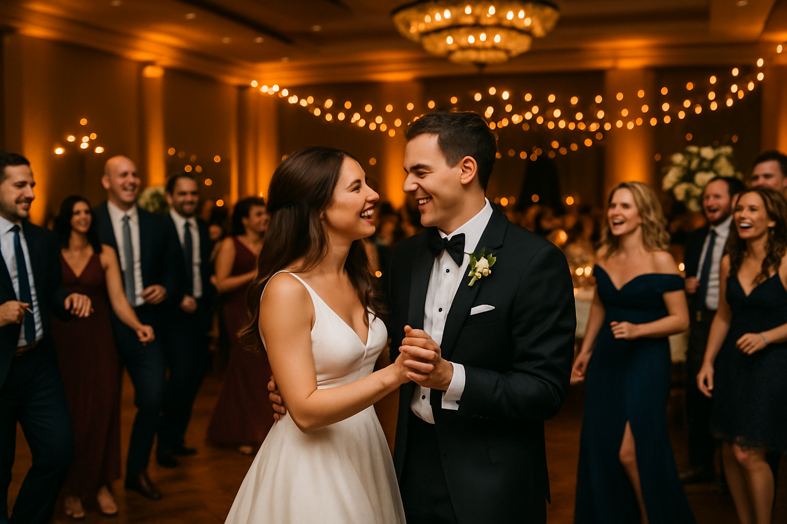 Elegant wedding reception dance floor with warm uplighting and guests celebrating