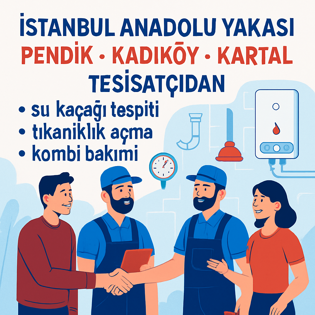 İstanbul Anadolu Yakası Pendik, Kadıköy, Kartal gibi ilçelerde tesisatçıdan su kaçağı, tıkanıklık açma ve kombi bakımı konusunda teknik destek alan müşteriler illüstrasyonu