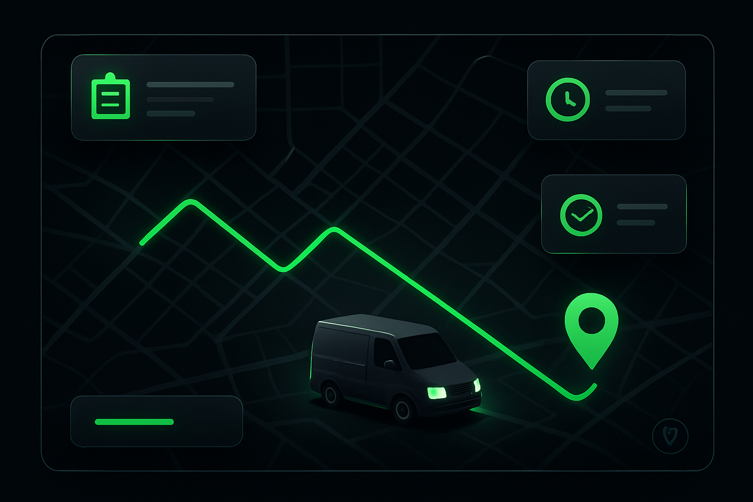 modern dark delivery dashboard showing a city map with green route lines, a courier van icon, and floating status cards