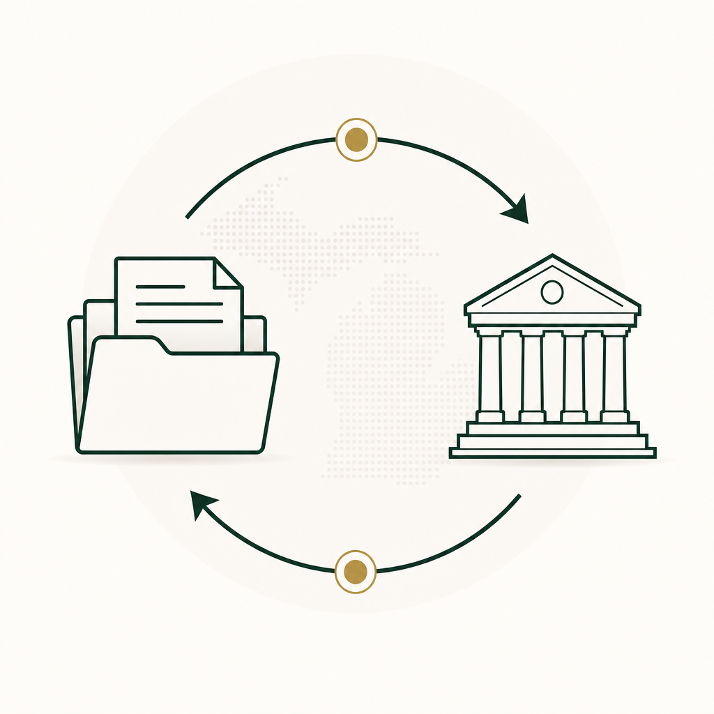 Minimalist document route graphic with a file folder, court building outline, and directional arrows