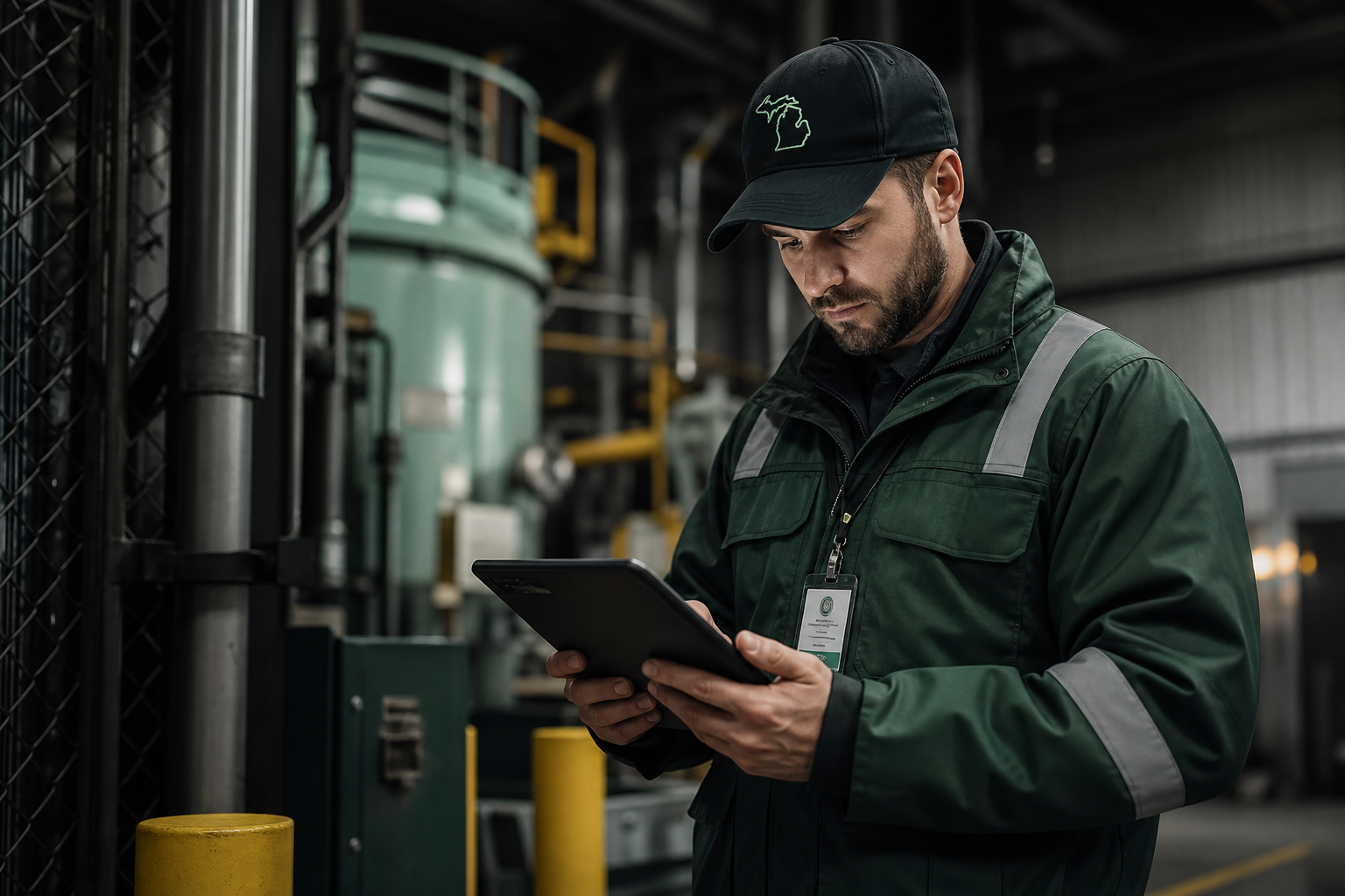 Field inspection professional reviewing a checklist with a tablet at an industrial site in Michigan