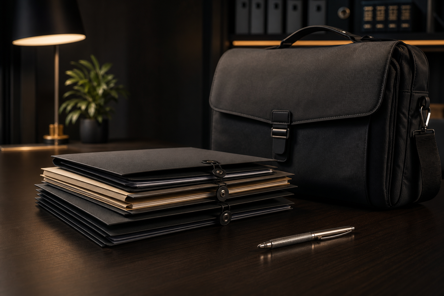 High-trust professional operations scene with a sleek dark office desk, secure document folders, and a discreet courier satchel