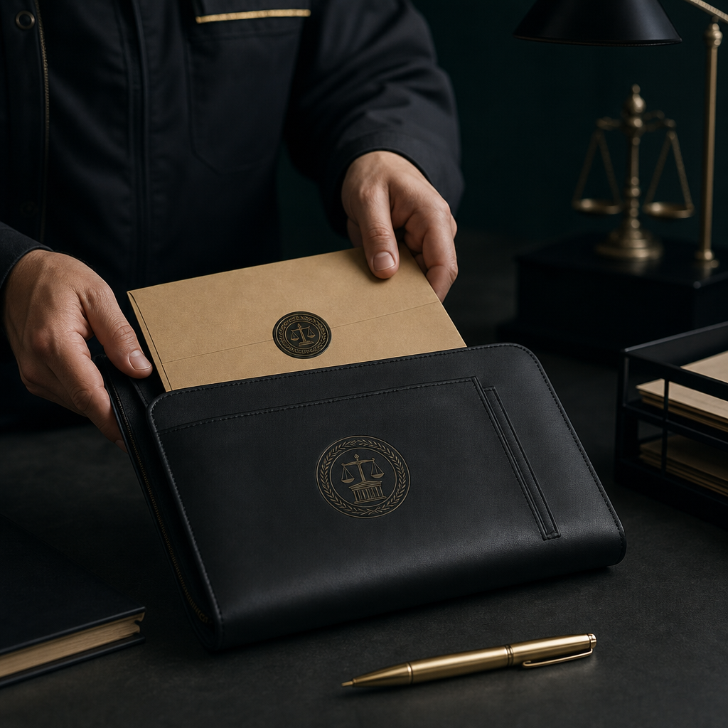 Courier placing sealed legal documents into a secure portfolio on a dark desk