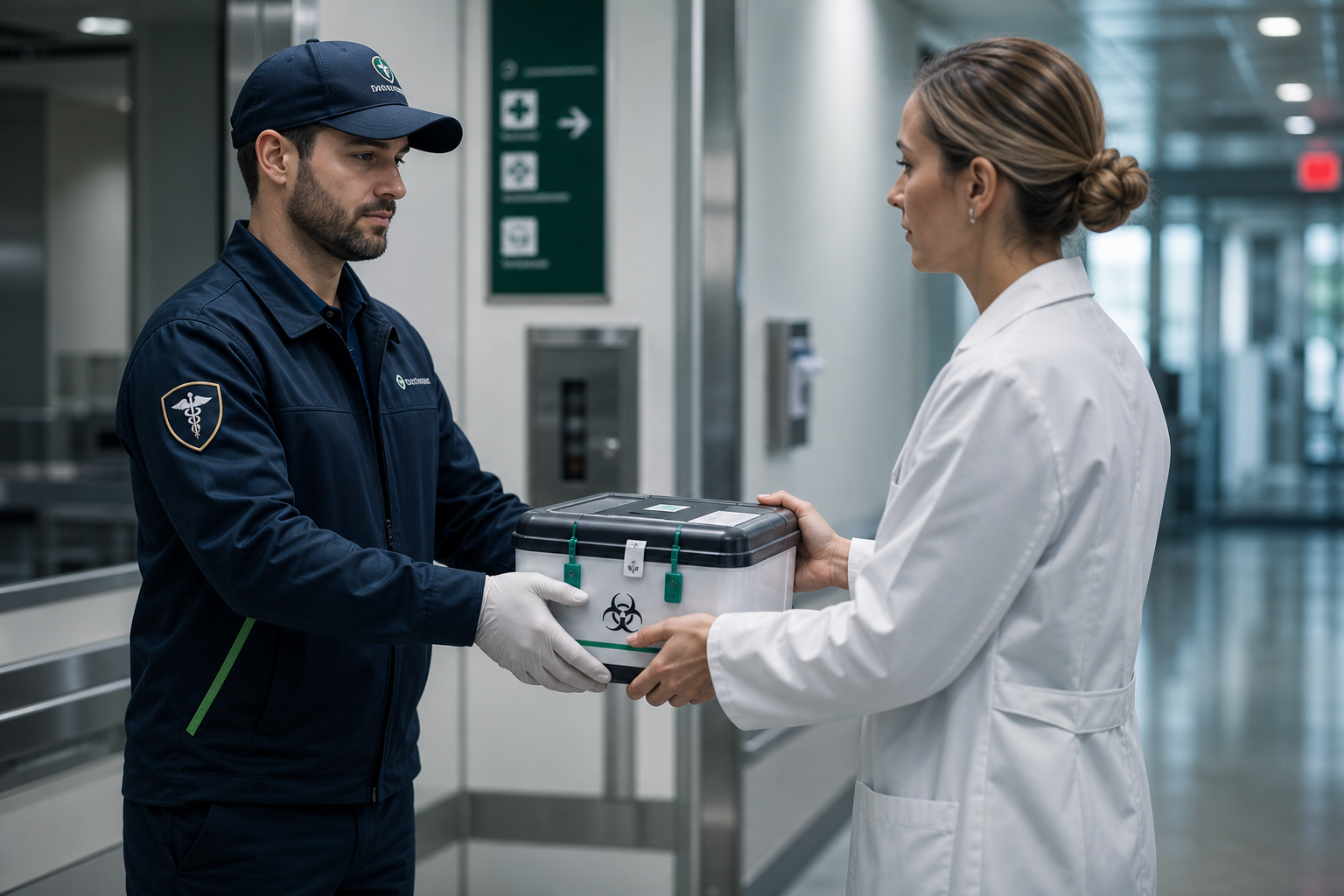 Medical courier handing a sealed specimen container to a clinician in a hospital corridor