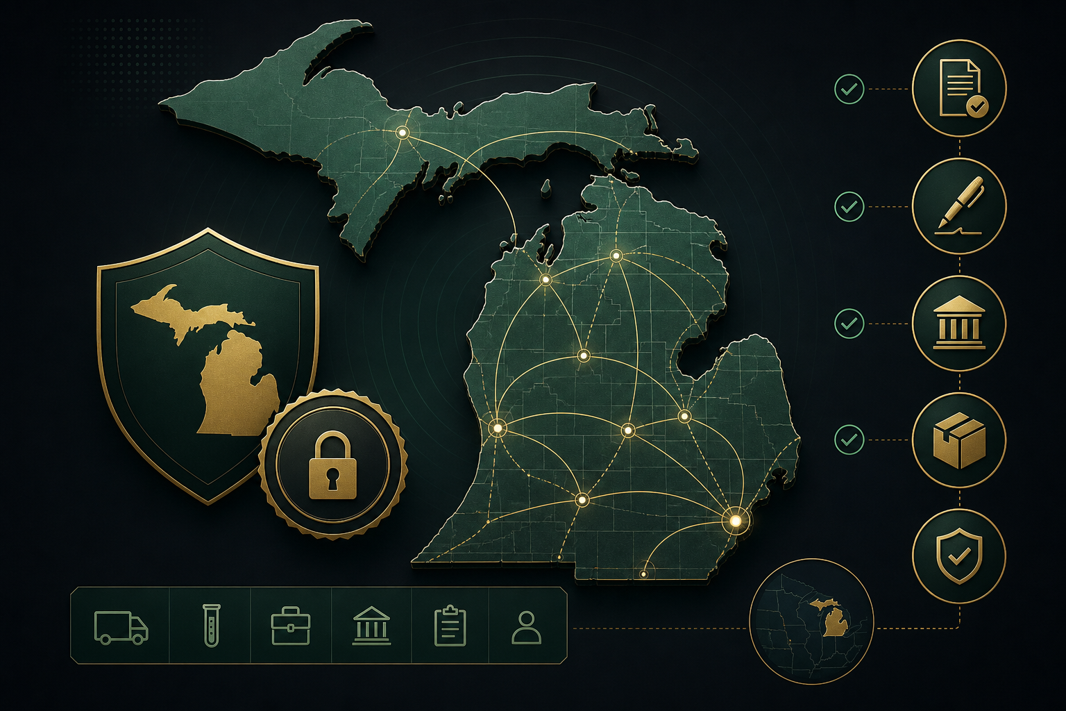 Enterprise style illustration of Michigan with secure courier routes, document seals, and compliance checkmarks