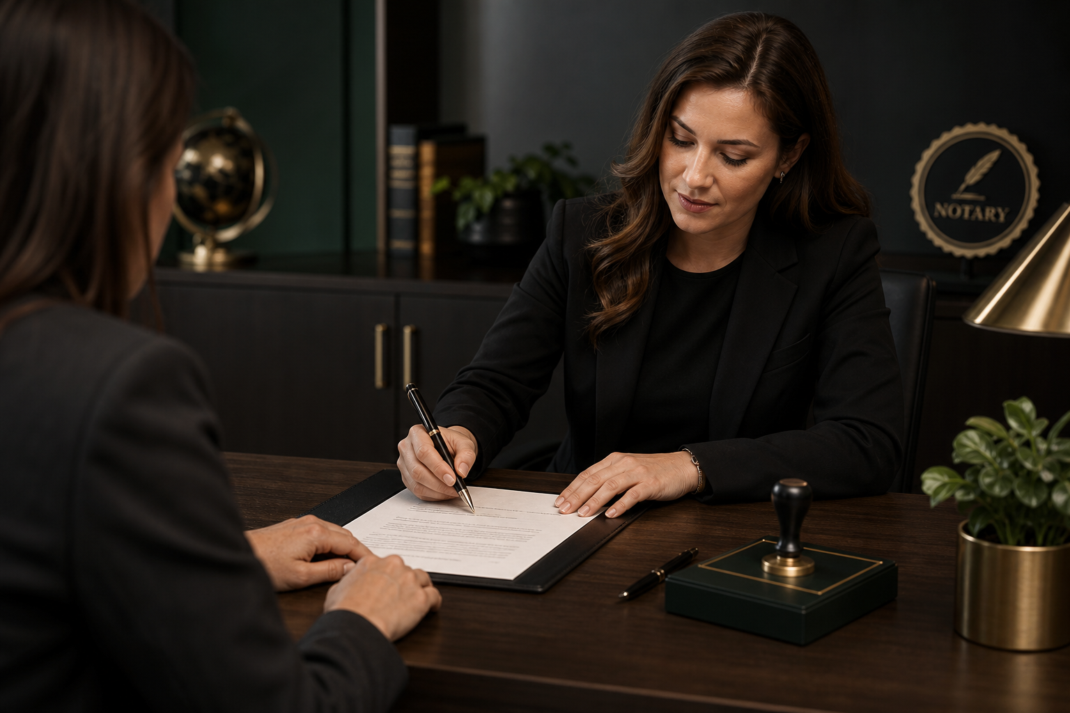 Professional notary reviewing documents and guiding a client through signing