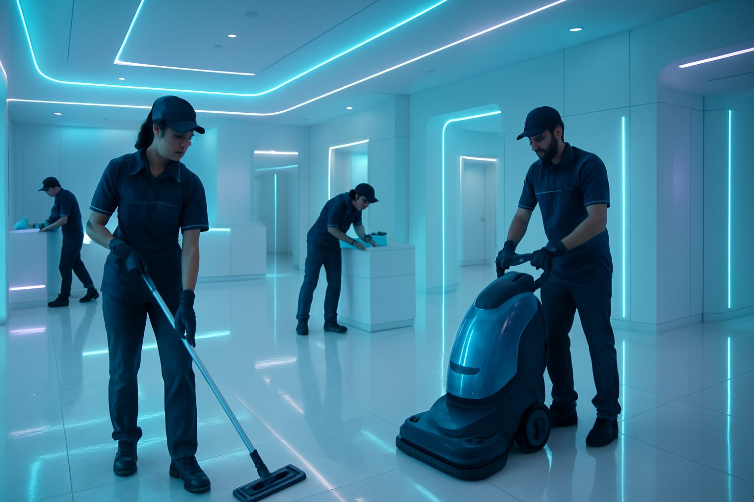 Ultra-clean modern interior with glossy white floors, soft cyan lighting, and a futuristic cleaning team in uniforms working in a pristine clinic-like space