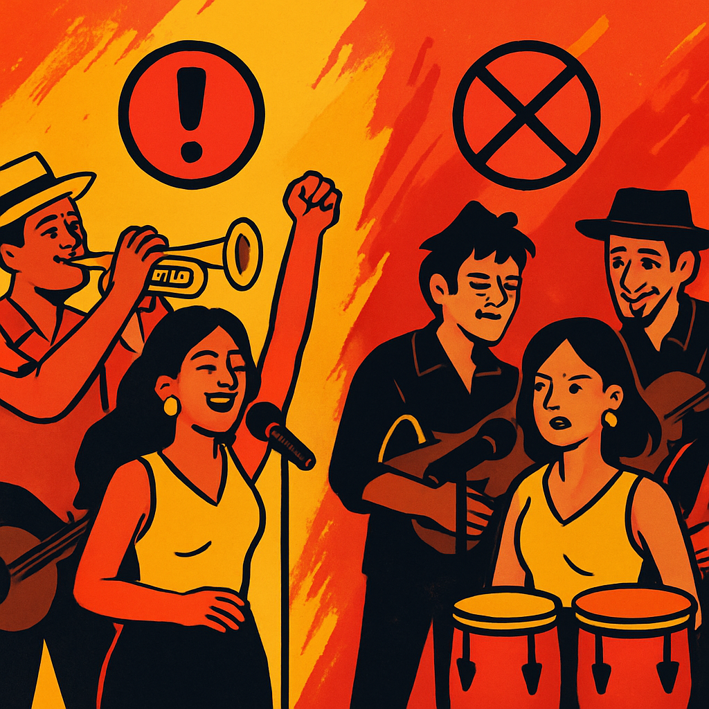 Ilustración de una banda musical auténtica y una banda imitadora con símbolos de advertencia, colores rojos y amarillos vibrantes