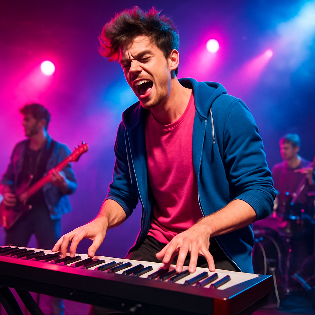 Hombre joven tocando teclado en banda pop rock, luces coloridas, vestimenta moderna y energética