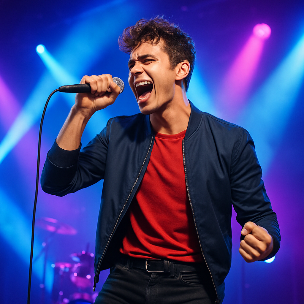 Hombre joven con micrófono cantando en escenario moderno de pop rock, luces de concierto, ropa actual