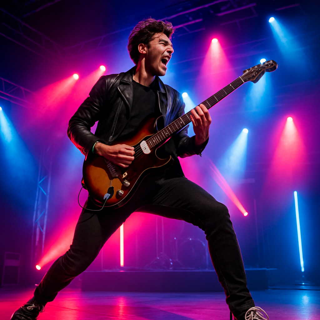 Hombre tocando guitarra eléctrica en escenario iluminado, vestimenta moderna, ambiente vibrante de pop rock