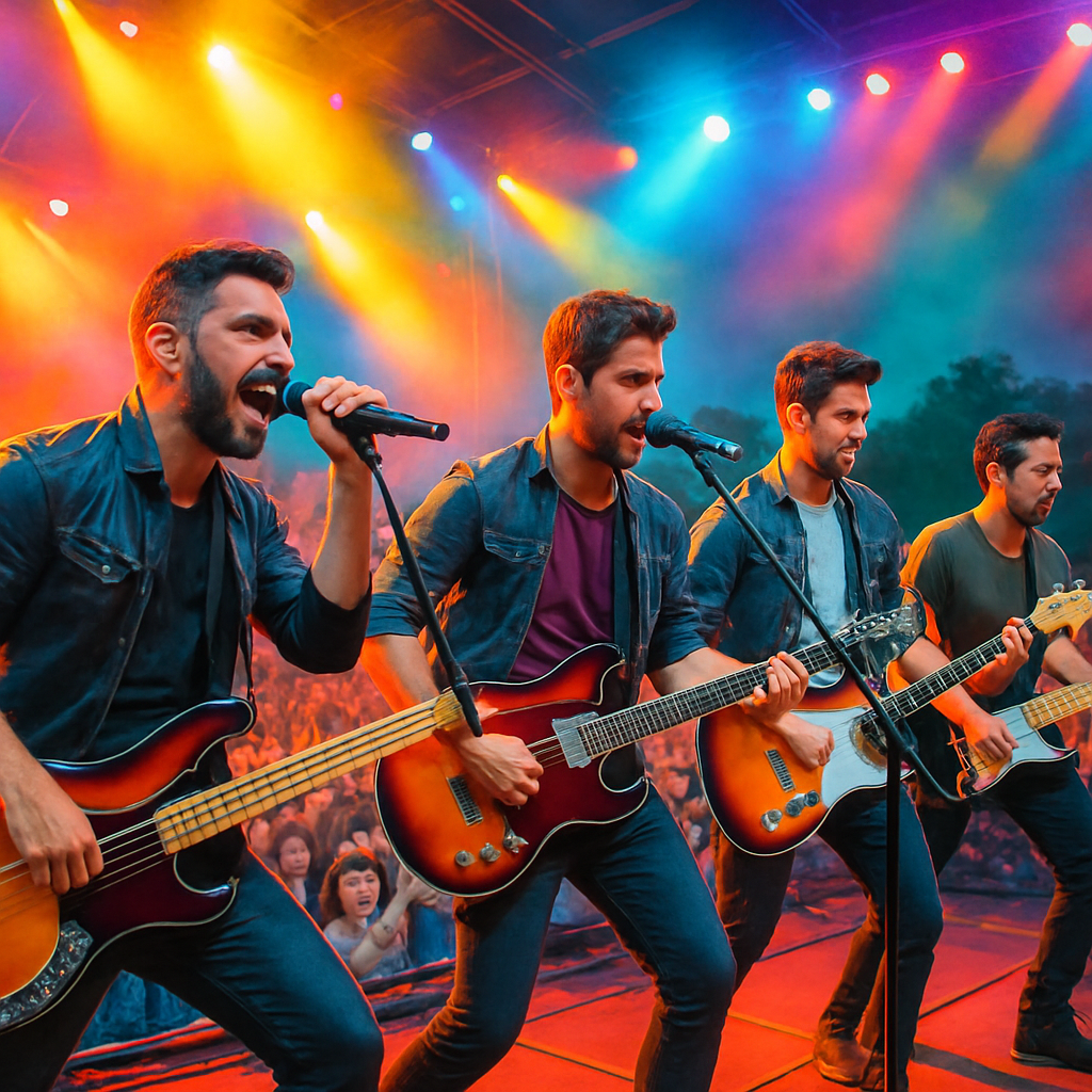 Banda pop/rock latino en festival al aire libre, público animado, instrumentos eléctricos, vestimenta moderna, luces de colores y atmósfera vibrante