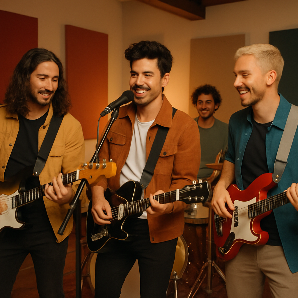 Ensayo de banda pop/rock contemporánea, instrumentos eléctricos, batería, hombres en ropa moderna, ambiente relajado y creativo, estudio iluminado