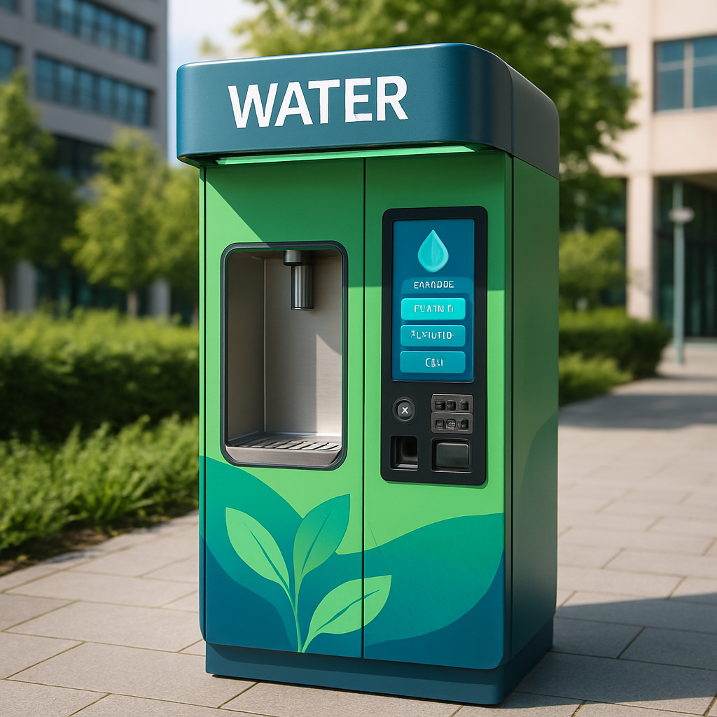 Şehir meydanında veya kampüste kullanılmaya uygun, tam otonom, modern ve halka açık bir su dolum otomatı. Yeşil-mavi tonlarda, çevreci ve teknolojik bir tasarım, kullanıcı dostu arayüz.