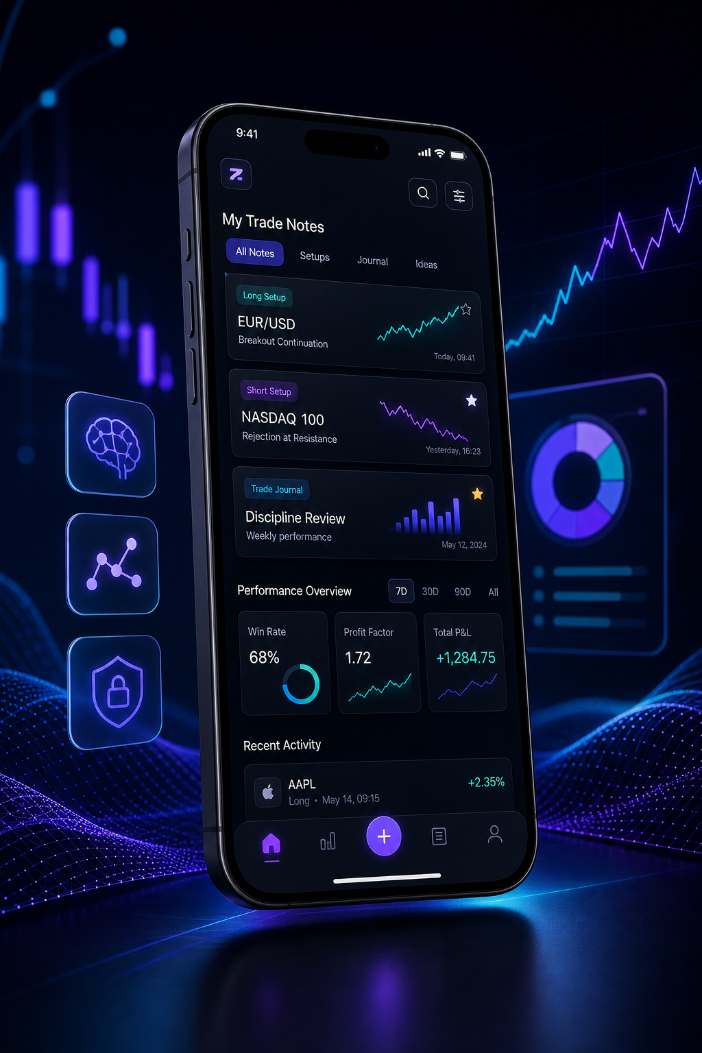 Futuristic mobile trading notes app mockup with charts, note cards, and glowing analytics