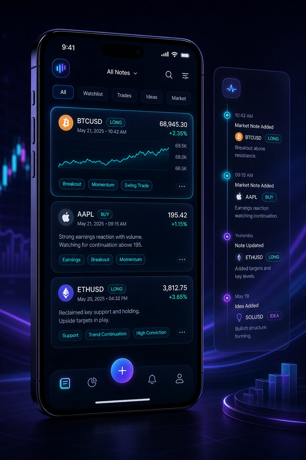 iOS app mockup showing a dark trading notes dashboard with neon cyan highlights, market note cards, and an insights timeline