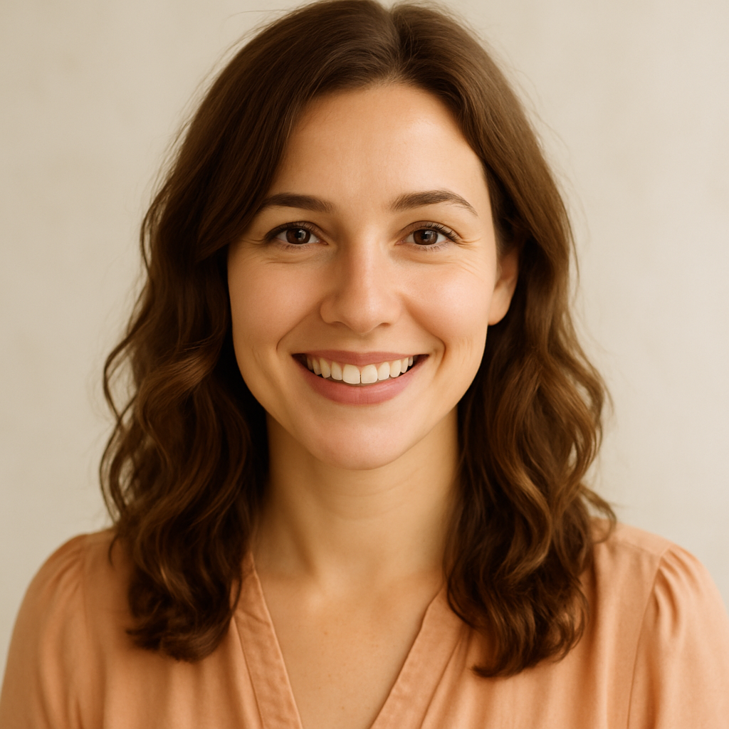 Smiling mother in her early 30s with wavy chestnut hair, wearing a soft peach blouse