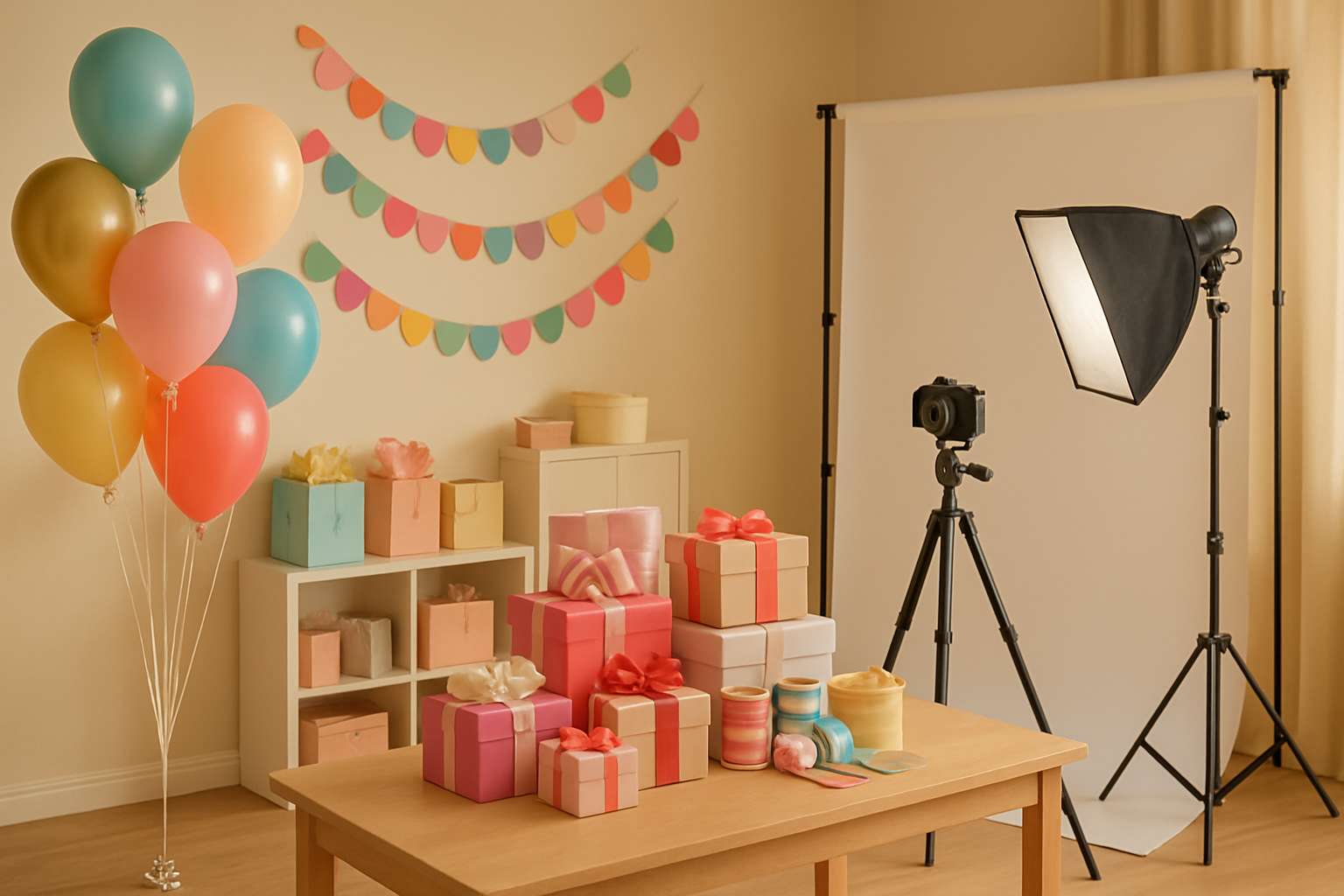 Bright party shop and photo studio scene with colorful balloons, gift boxes, and a camera setup