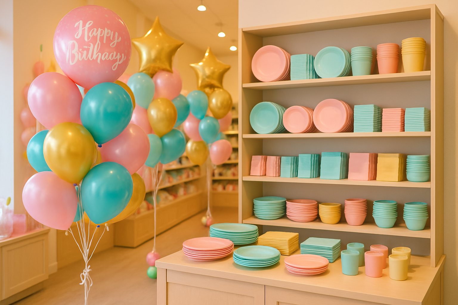 Bright party shop corner with colorful balloon bouquets, pastel tableware, and neatly arranged celebration supplies