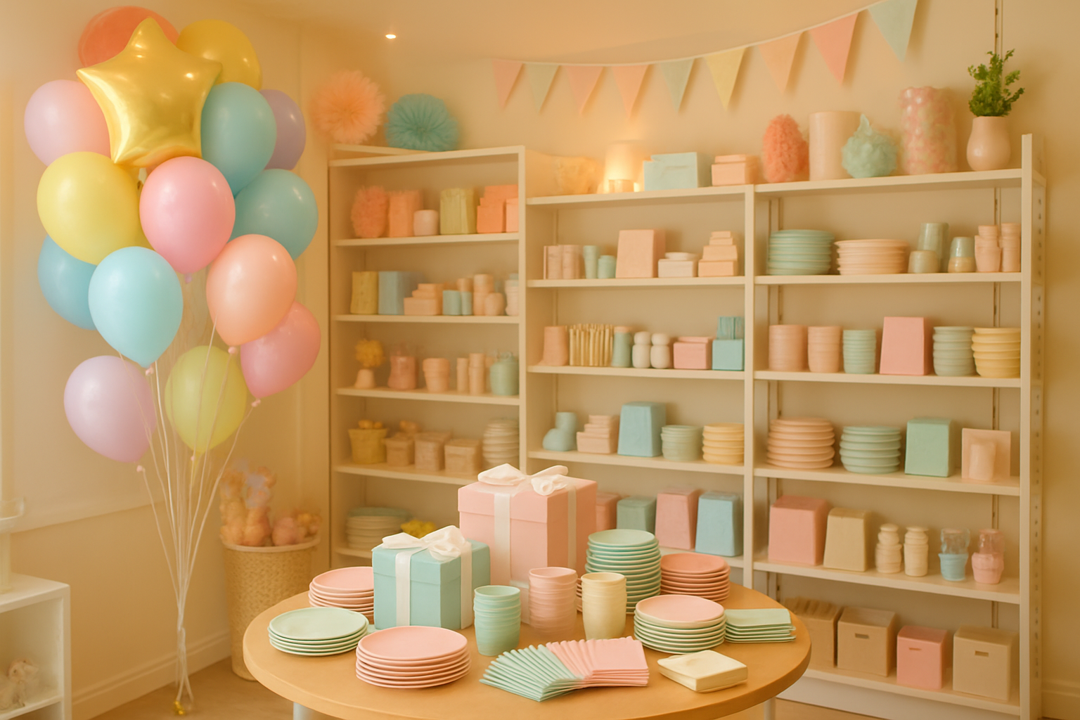 Bright party shop corner with colorful balloon bouquets, pastel tableware, and neatly arranged celebration supplies