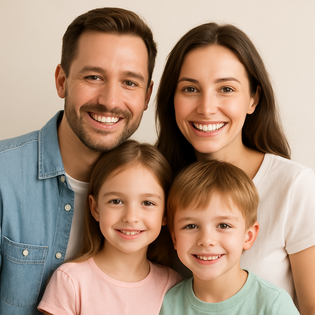 Happy family of four with two kids, parents in casual denim and white outfits, smiling at the camera