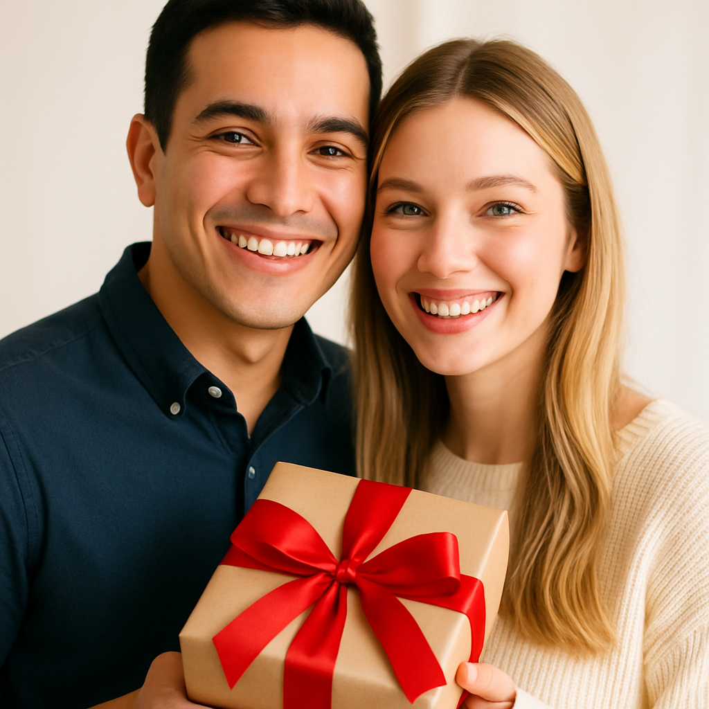 Smiling couple in their late 20s holding a wrapped gift, man with short black hair and woman with long blonde hair