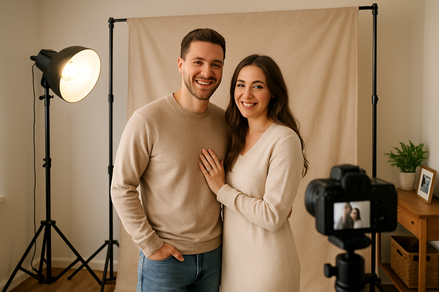 Cozy photo studio setup with a small backdrop, warm lighting, and a smiling couple preparing for a portrait session