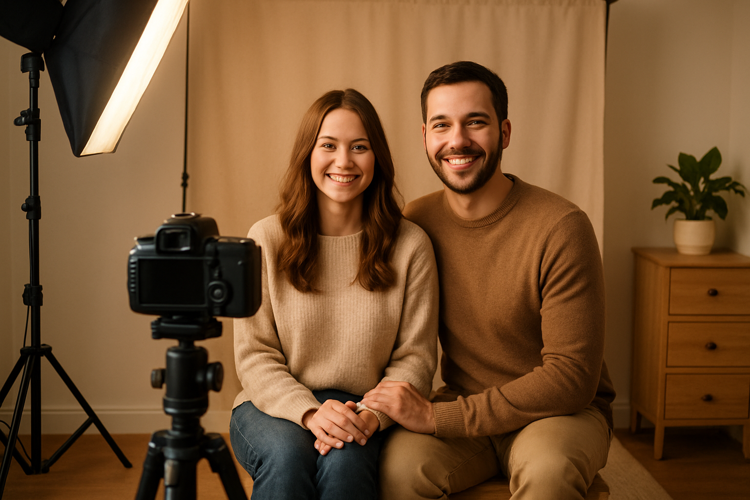 Cozy photo studio setup with a small backdrop, warm lighting, and a smiling couple preparing for a portrait session