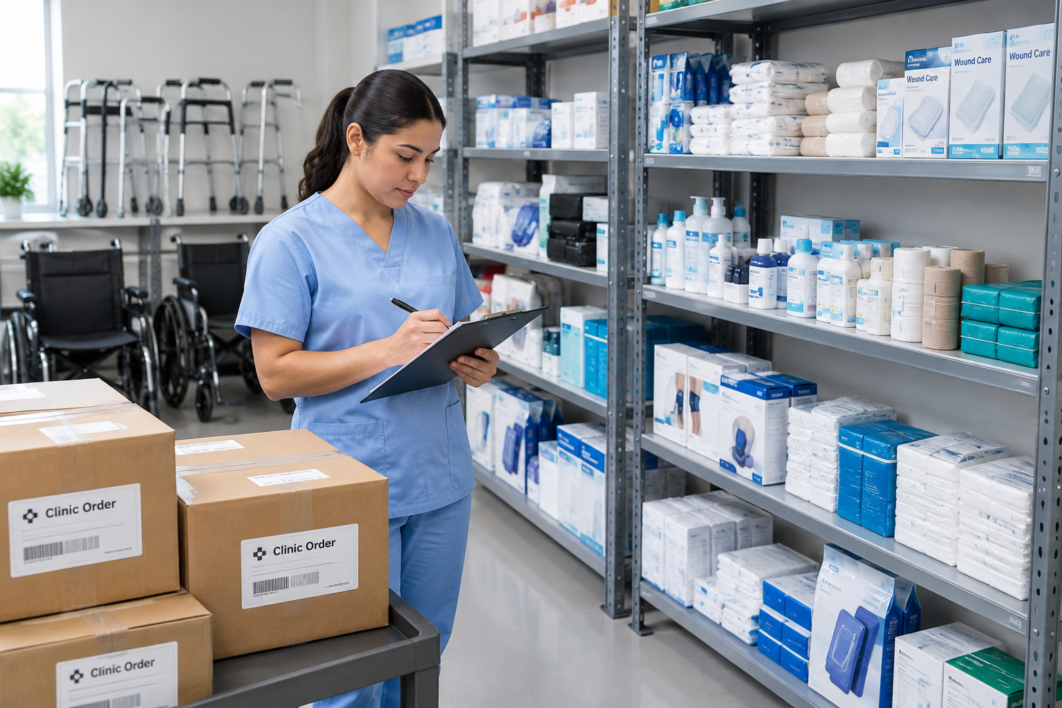 Professional medical supply workspace with boxed mobility aids, wound care products, and a staff member preparing clinic orders