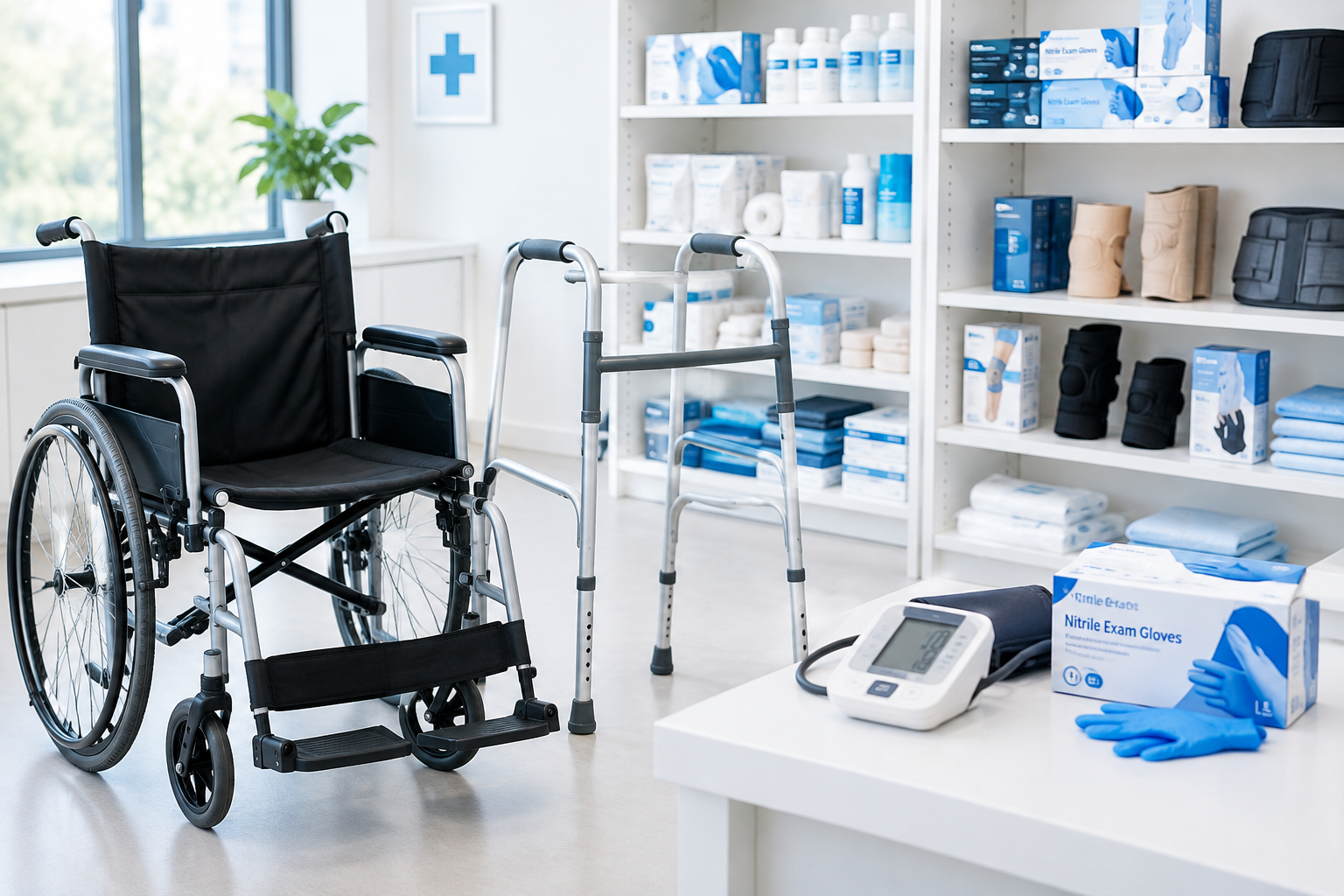 Clean clinical display of durable medical supplies including a wheelchair, walker, boxed gloves, and blood pressure monitor on organized shelves