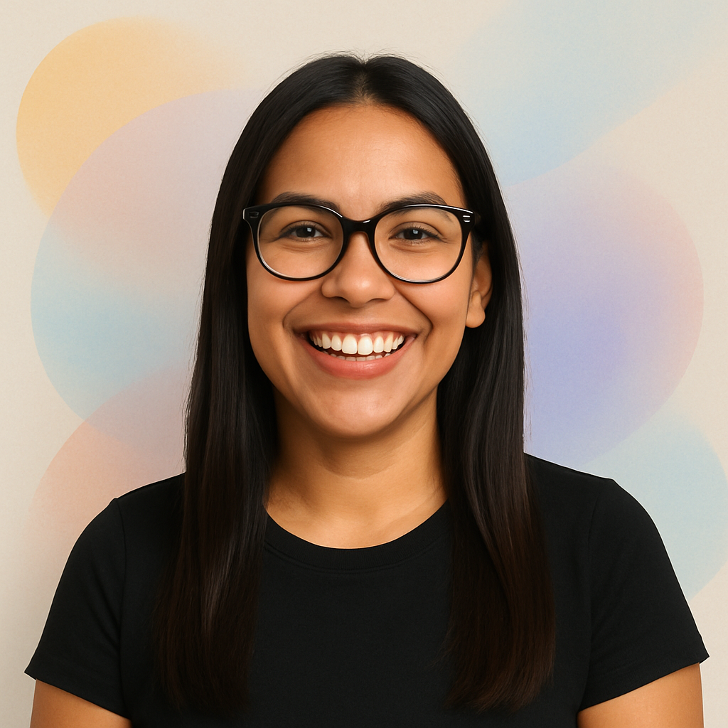 Emily Garcia, Latina woman, long straight hair, glasses, cheerful look