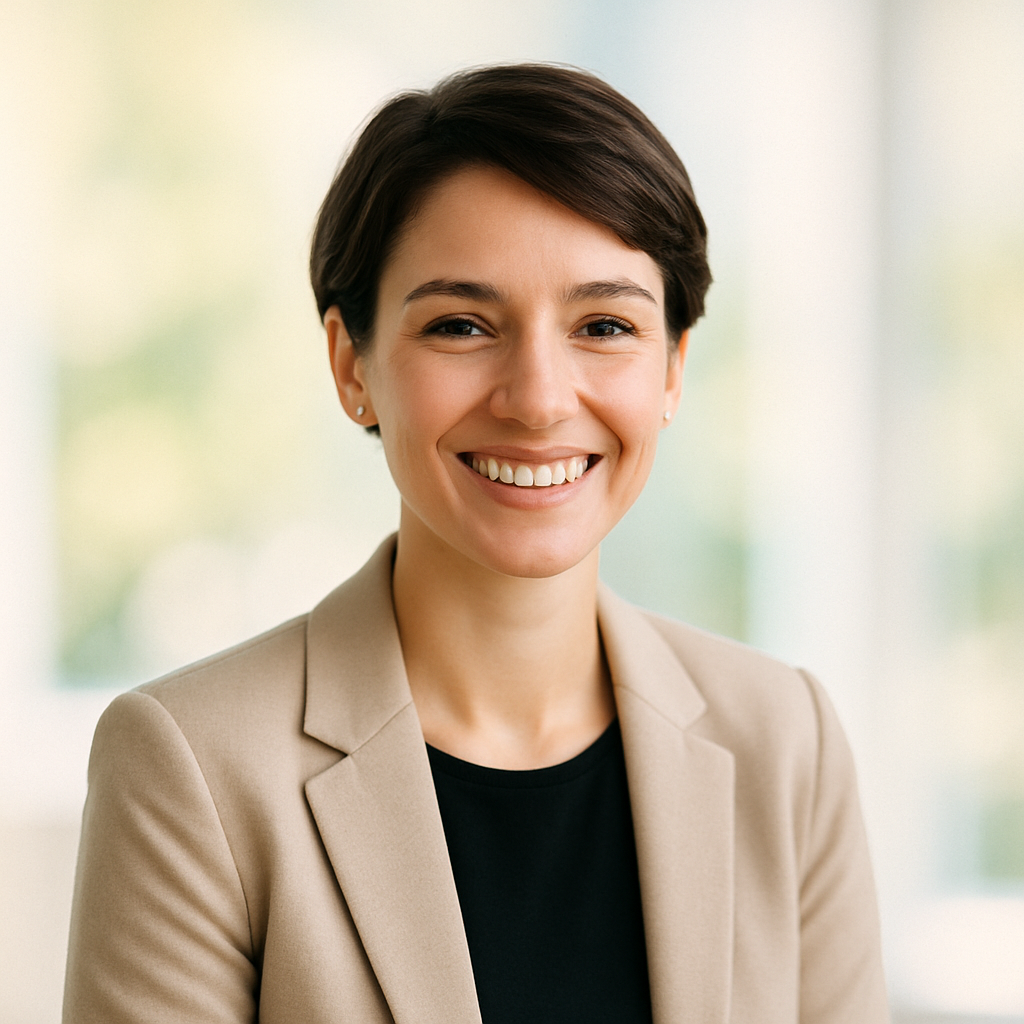 Jane Doe, smiling young woman with short brown hair, business casual outfit