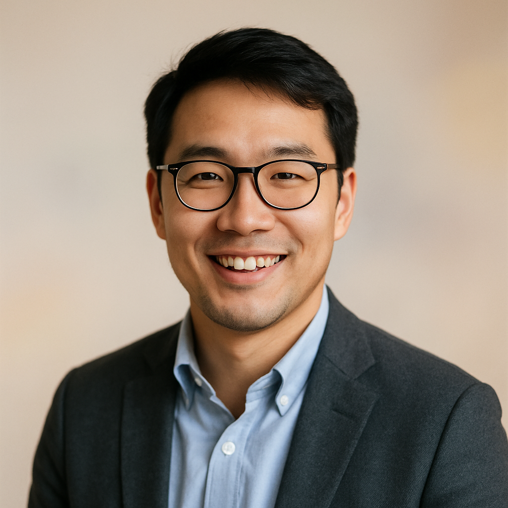 Michael Lee, Asian man, glasses, smart casual, friendly smile