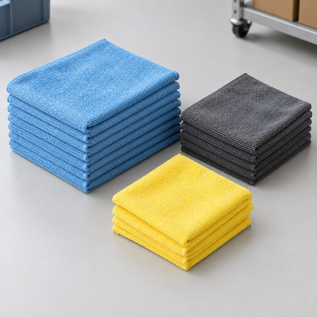 Neatly folded and stacked commercial microfiber cleaning cloths in multiple colors on a clean worktable