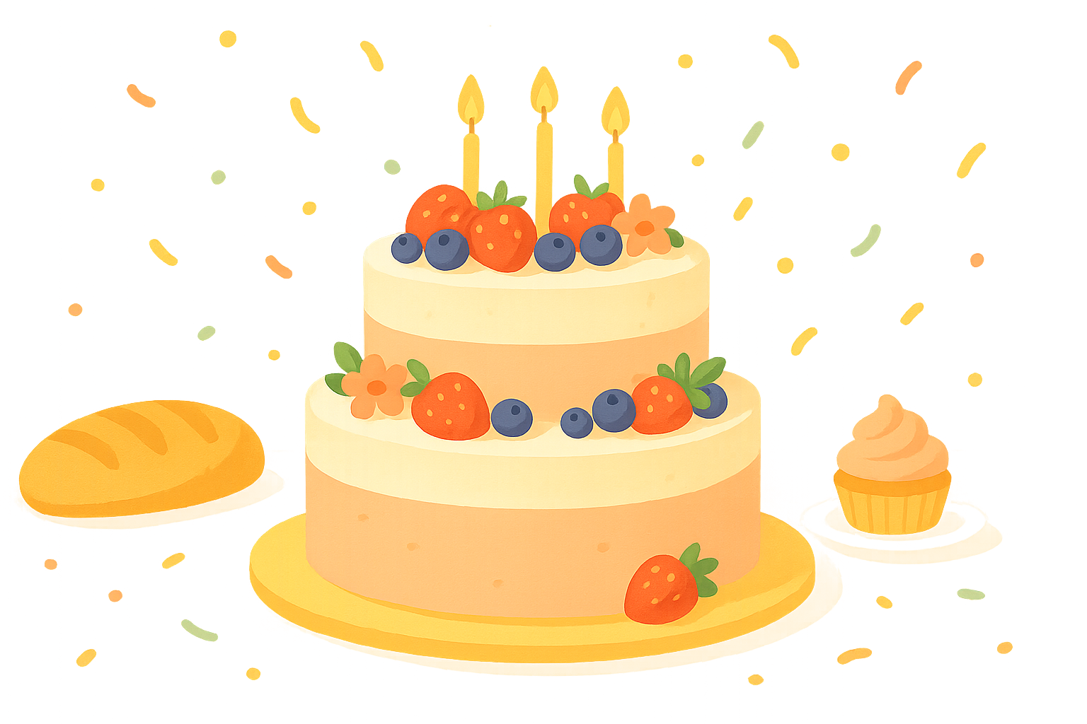 Two-tier celebratory custom cake with pastel frosting, fruit details, and candles on a festive table