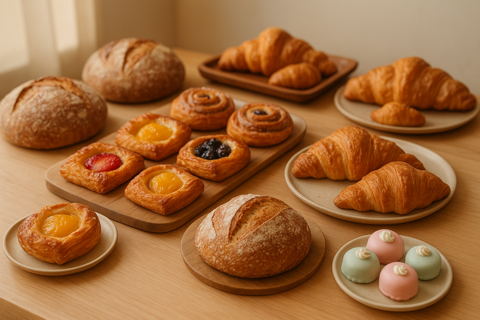 Inviting arrangement of artisan breads, croissants, fruit danishes, and small frosted pastries on a warm wooden bakery counter