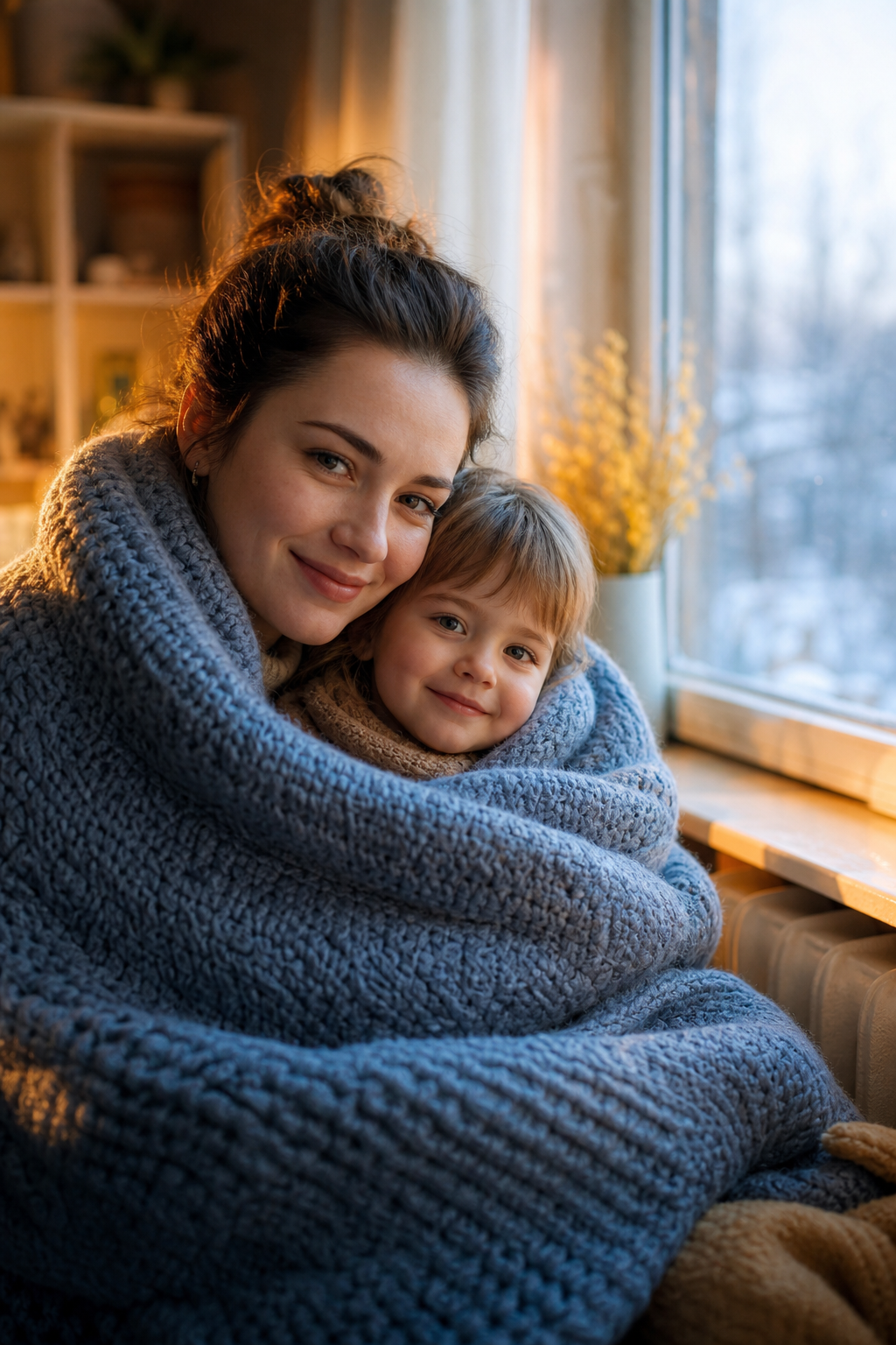 Mother and child wrapped in a warm blanket smiling together in a softly lit winter setting
