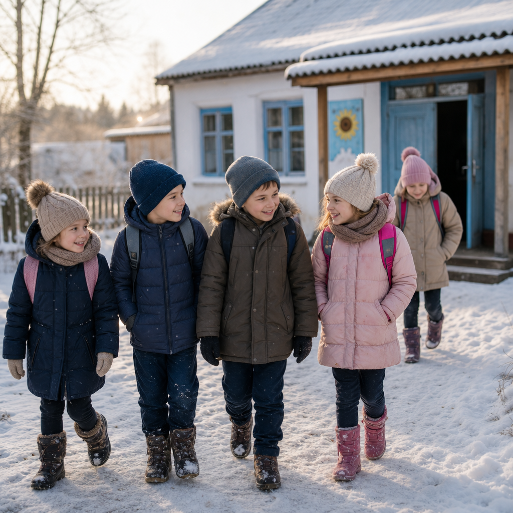 Children in winter coats walking together outside a modest rural schoolhouse in the snow