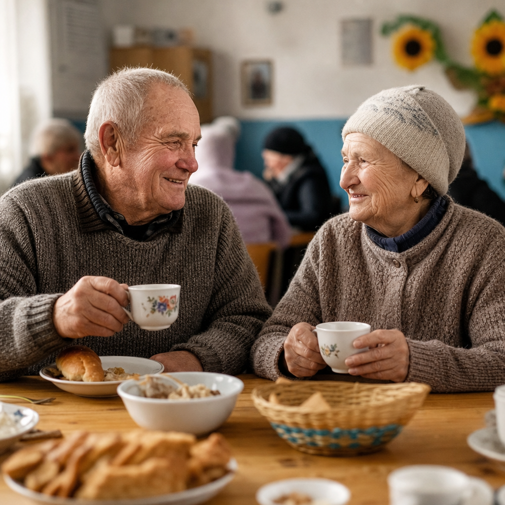 An elderly man and woman sitting together at a community center table, sharing a warm meal