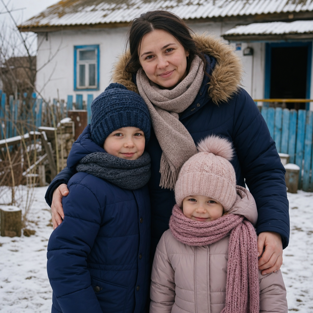 A mother and two children standing outside a small village home, wrapped in warm winter clothing