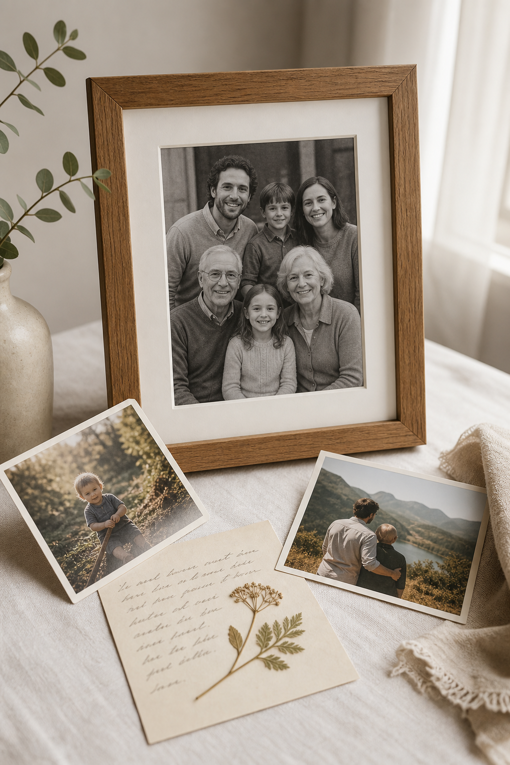 Framed family keepsake collage with handwritten notes and balanced modern composition