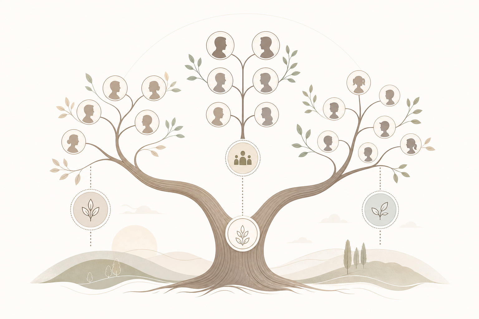 Minimal editorial illustration of a family tree with connected generations and labeled branches