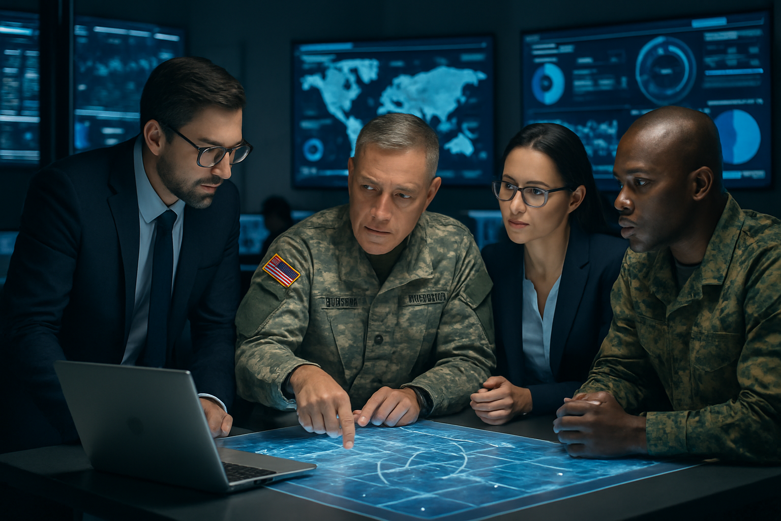 Collaboration between US armed forces contractors and military personnel at a modern command center, with secure technology and a professional atmosphere