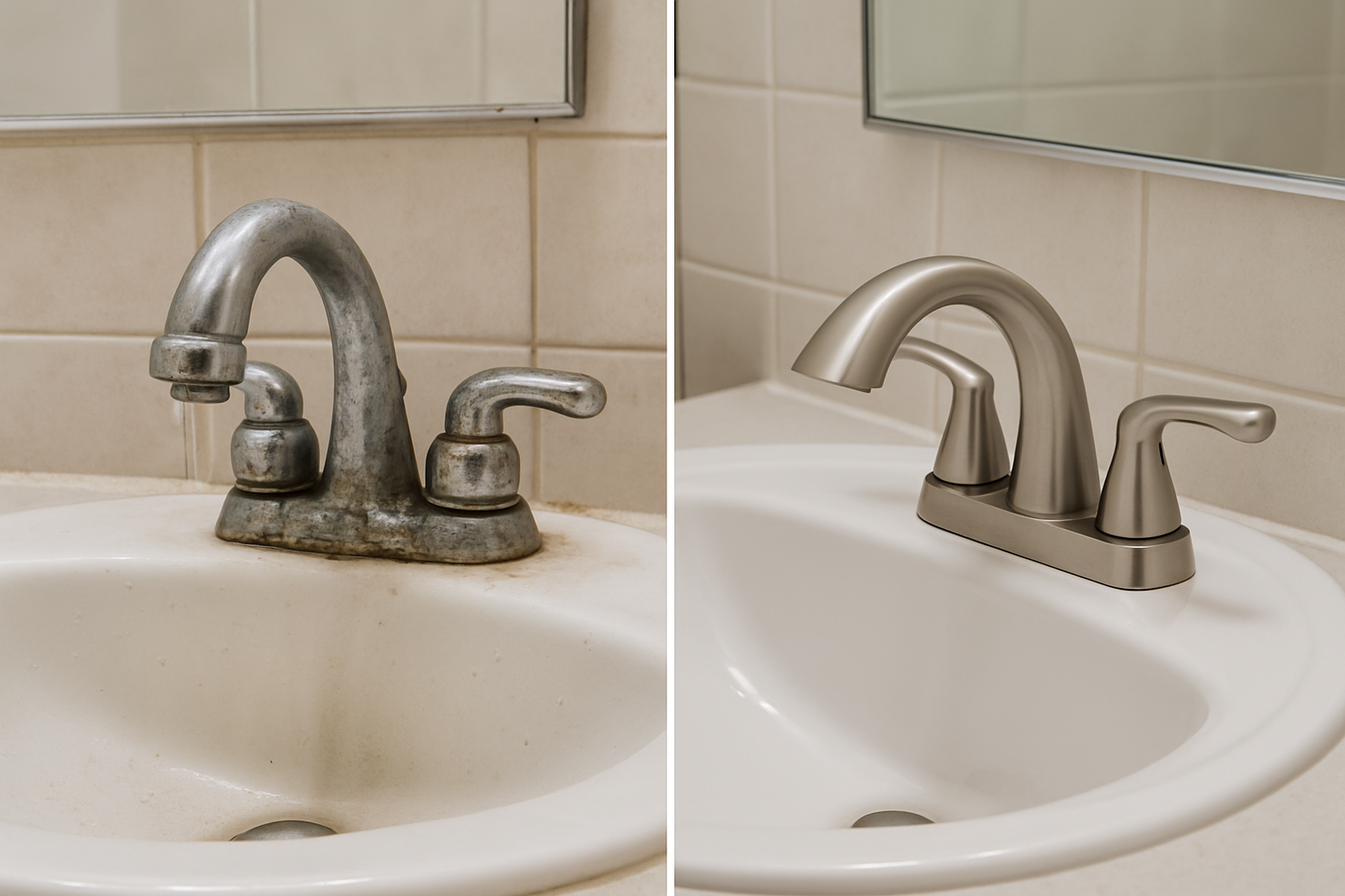 Before-and-after bathroom sink area showing a corroded chrome faucet and stained caulk on the left, replaced with a polished brushed nickel fixture and fresh white caulk on the right