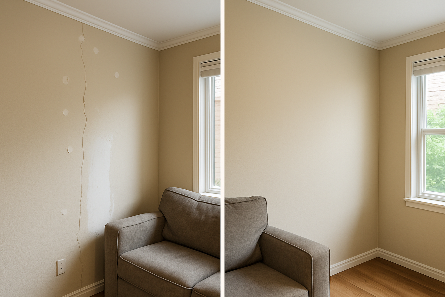 Split before-and-after photo of a beige living room drywall repair, showing a cracked wall section on the left and a smooth freshly painted patch on the right