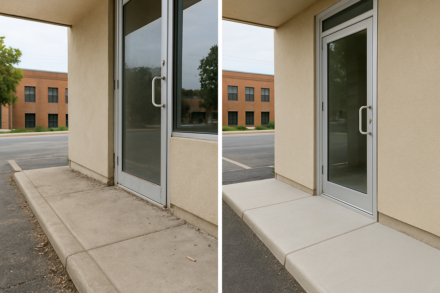Before-and-after exterior entry photo of a small business unit, with worn trim and debris before on the left and repaired trim, pressure-washed concrete, and tidy doorway after on the right