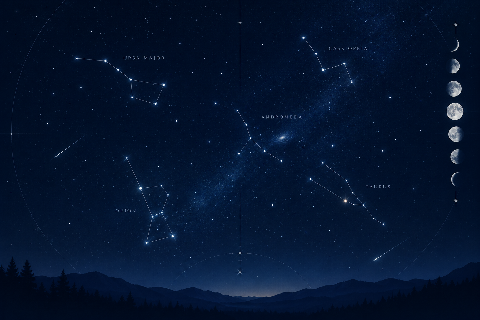 Minimal celestial illustration showing constellations, moon phases, and star chart lines on a calm night-sky backdrop