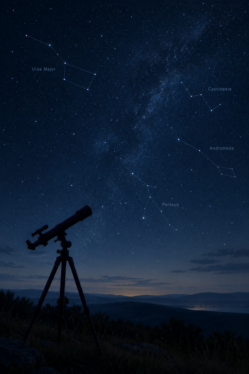 Calm night-sky observation scene with a small telescope silhouette, subtle constellation guide lines, and labeled stars in deep navy tones